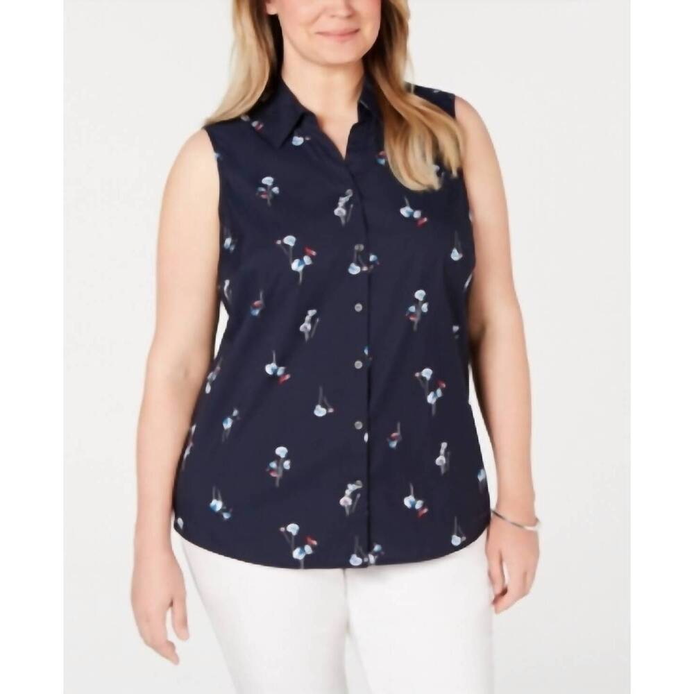 NEW CHARTER CLUB LUXURY button up sleeveless top - plus in intrepid blue combo